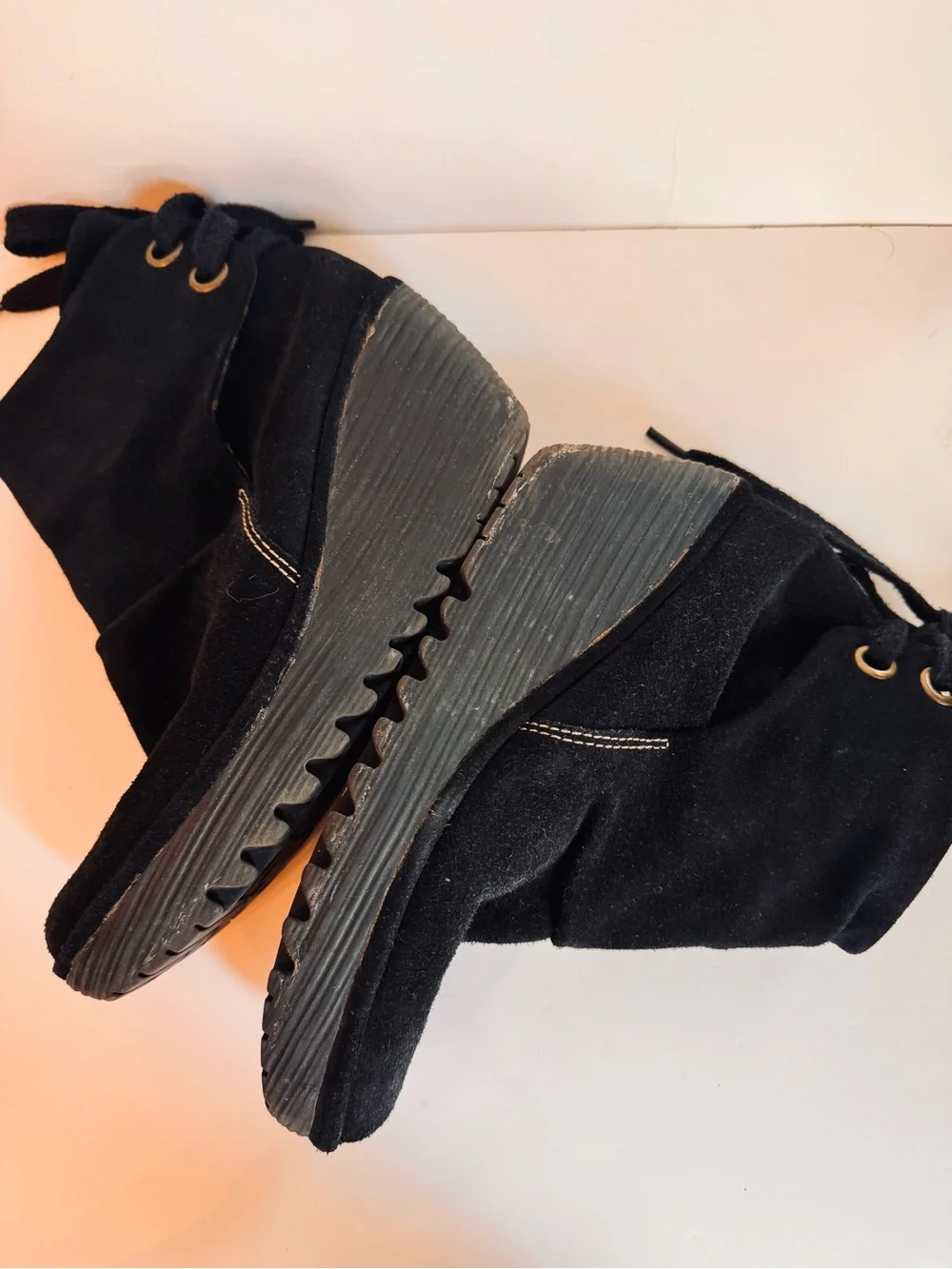 Fly London Black Suede Wedge Ankle Booties with Back Tie